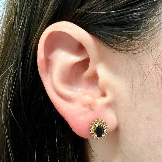 14 Karat Yellow Gold Oval Blue Sapphire & Diamond Halo Stud Earrings - WeilJewelry