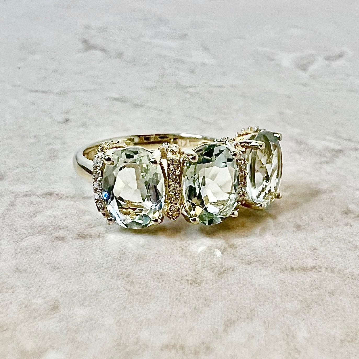 14 Karat Yellow Gold Oval Green Amethyst/Quartz Diamond Three