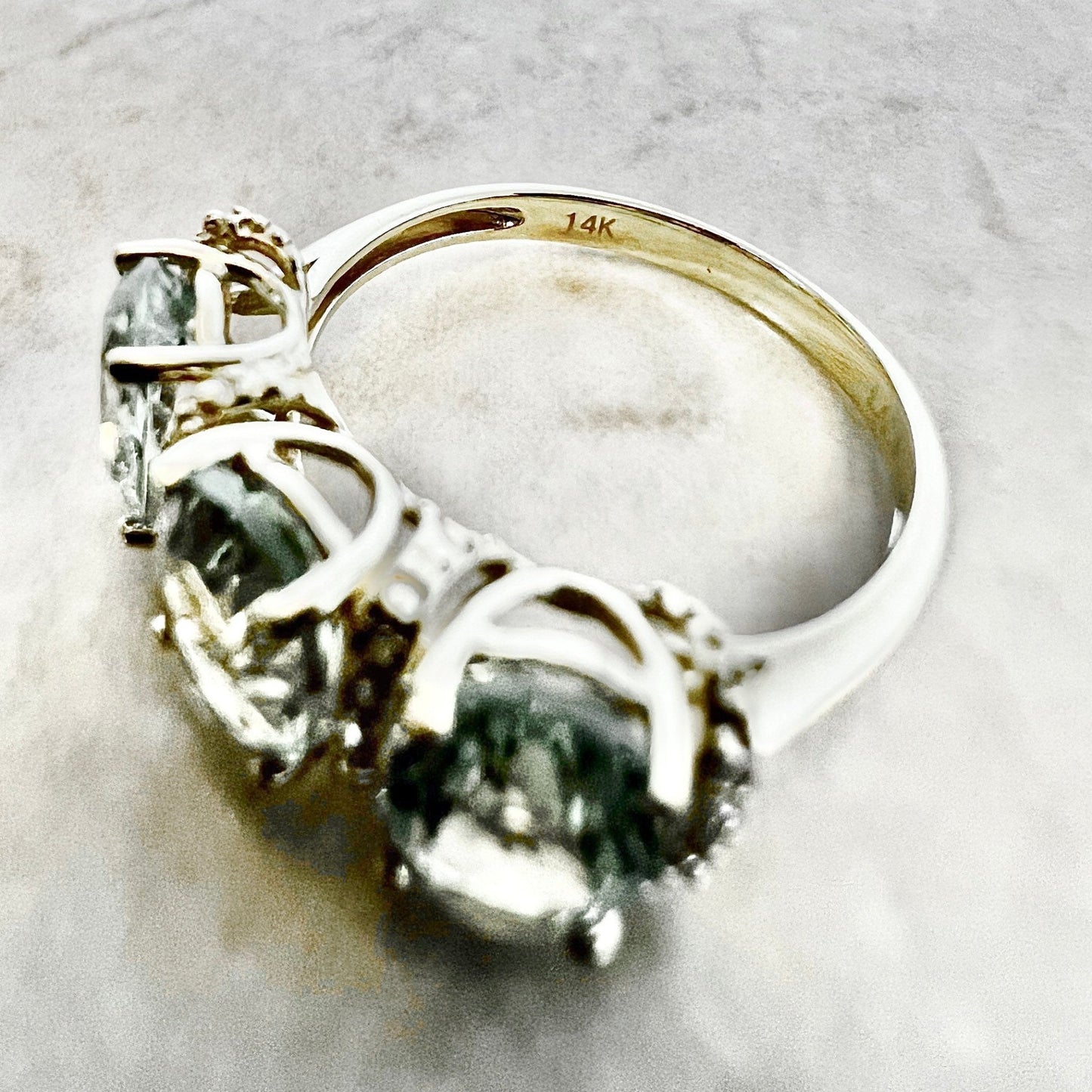 14 Karat Yellow Gold Oval Green Amethyst/Quartz & Diamond Three - Stone Ring - WeilJewelry
