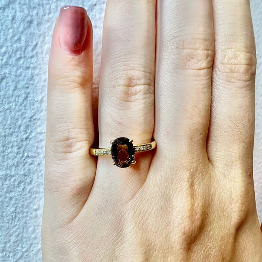 14 Karat Yellow Gold Oval Smoky Quartz & Diamond Ring - WeilJewelry