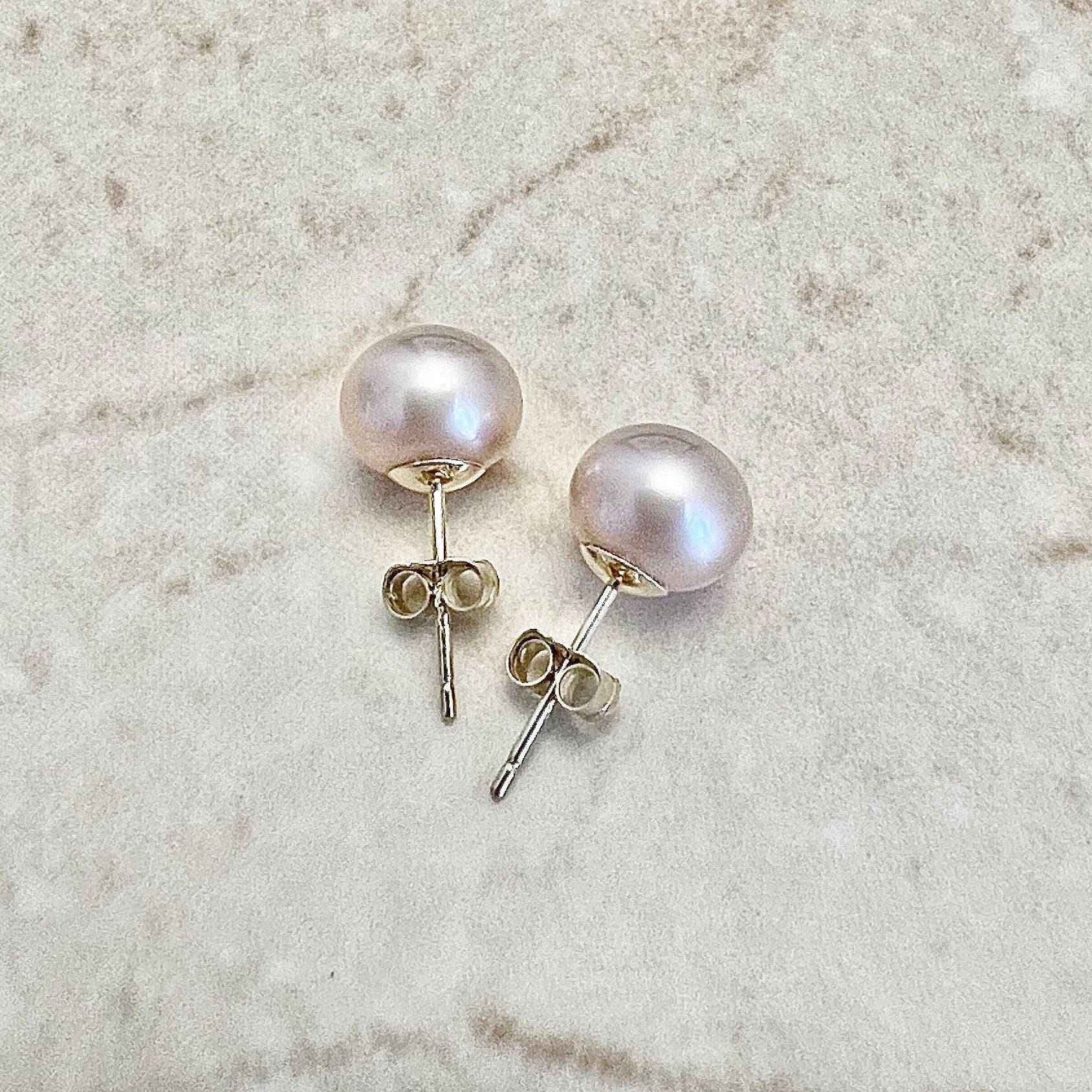 Classic Peach Pearl Stud Earrings In 14 Karat Yellow Gold - Genuine Freshwater Button Pearls - Best Birthday Gift For Her - June Birthstone
