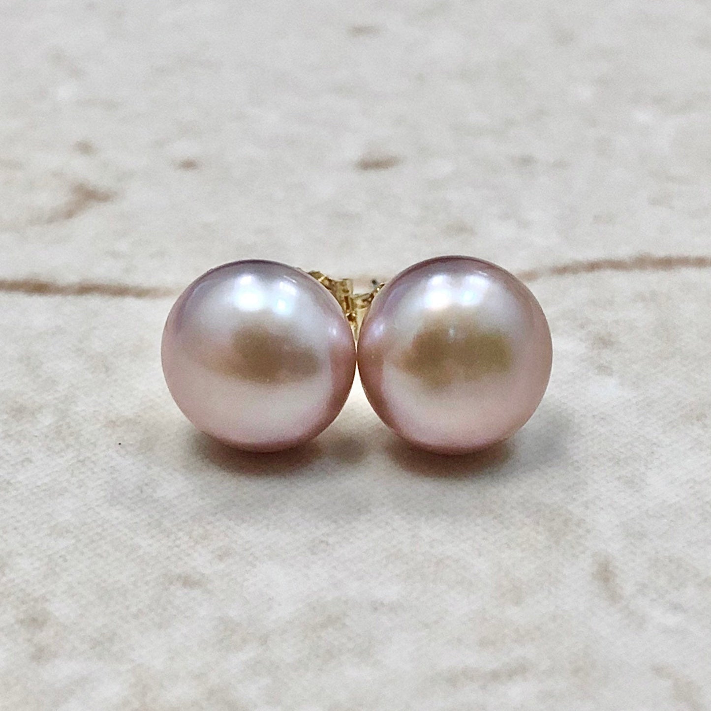 14 Karat Yellow Gold Round Pink Pearl Stud Earrings - WeilJewelry