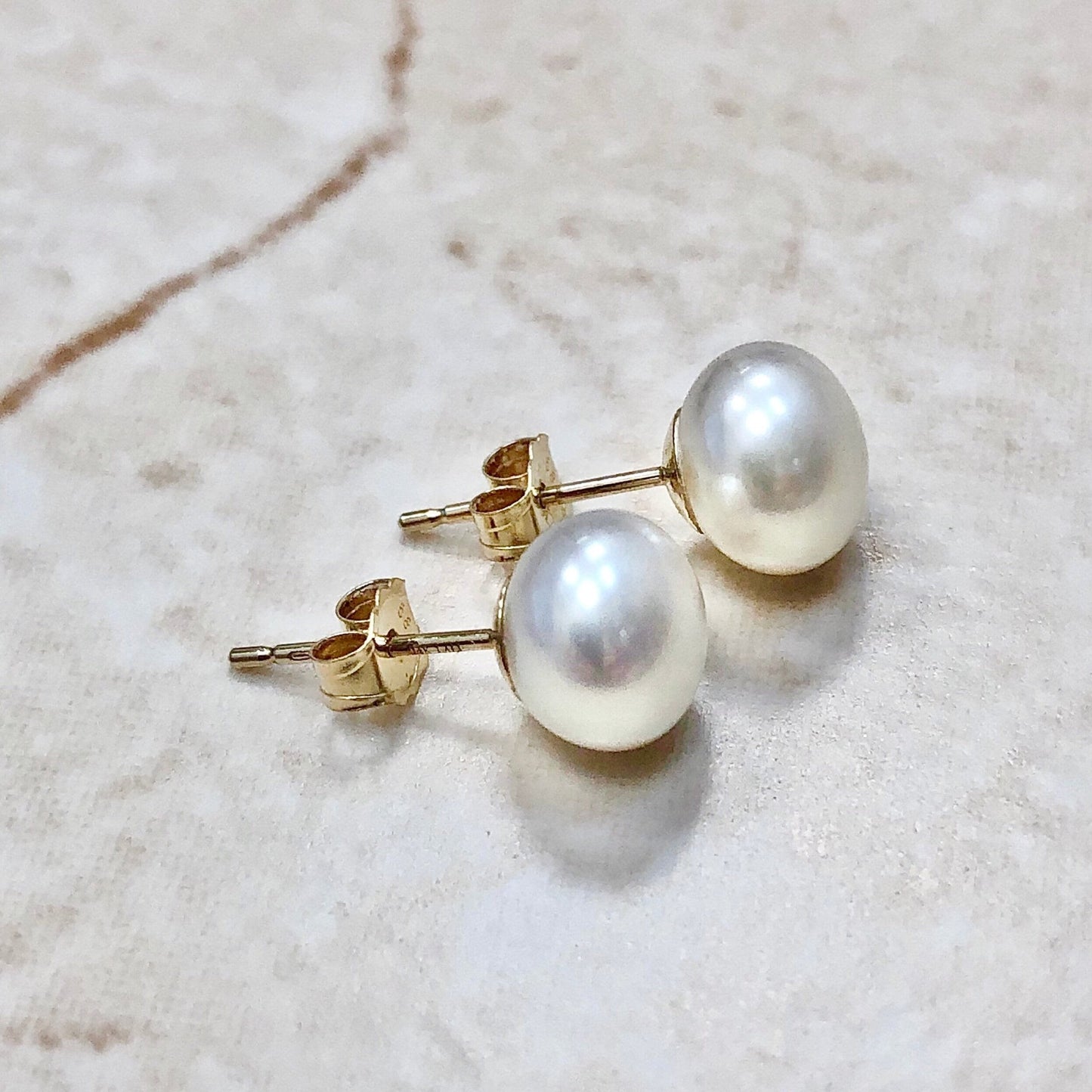 14 Karat Yellow Gold Round White Pearl Stud Earrings - WeilJewelry