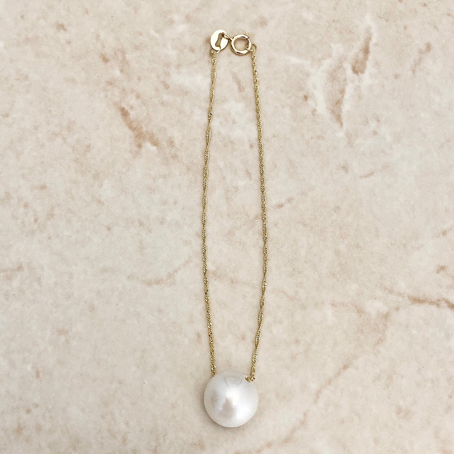 14 Karat Yellow Gold Single White Pearl Chain Bracelet - WeilJewelry