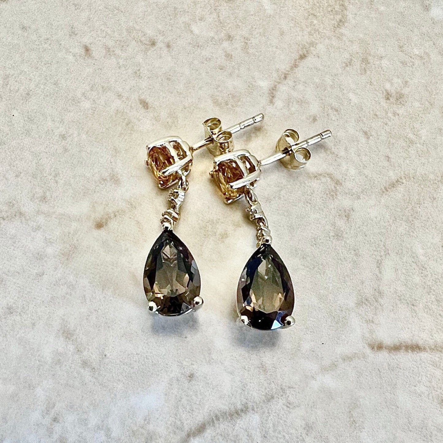 14 Karat Yellow Gold Smoky Quartz, Citrine & Diamond Drop Earrings - WeilJewelry