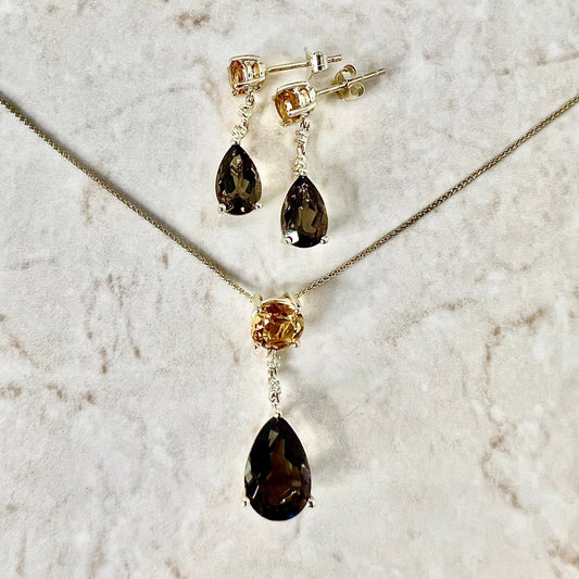 14 Karat Yellow Gold Smoky Quartz, Citrine & Diamond Drop Earrings & Necklace Set - WeilJewelry