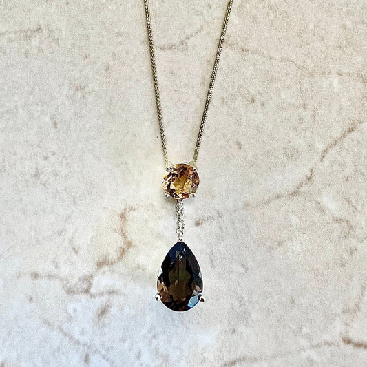 14 Karat Yellow Gold Smoky Quartz, Citrine & Diamond Drop Pendant Necklace - WeilJewelry