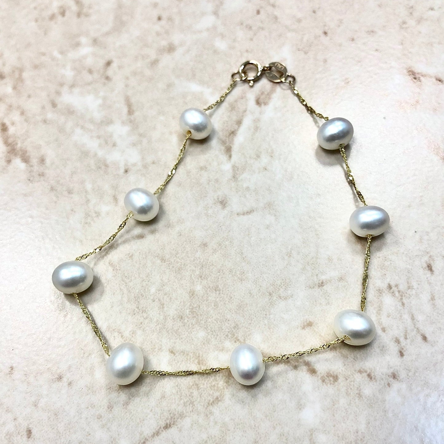 14 Karat Yellow Gold Tin Cup White Pearl Bracelet - WeilJewelry