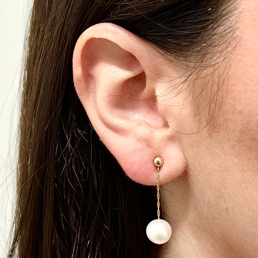 14 Karat Yellow Gold White Pearl Drop Earrings - WeilJewelry