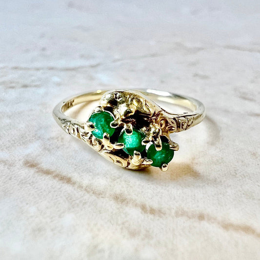 Antique 14 Karat Yellow Gold Natural Emerald Three - Stone Ring - WeilJewelry