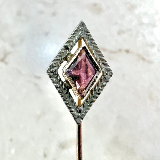 Antique 14 Karat Yellow Gold & Platinum Lozenge Pink Tourmaline Filigree Stick Pin - WeilJewelry