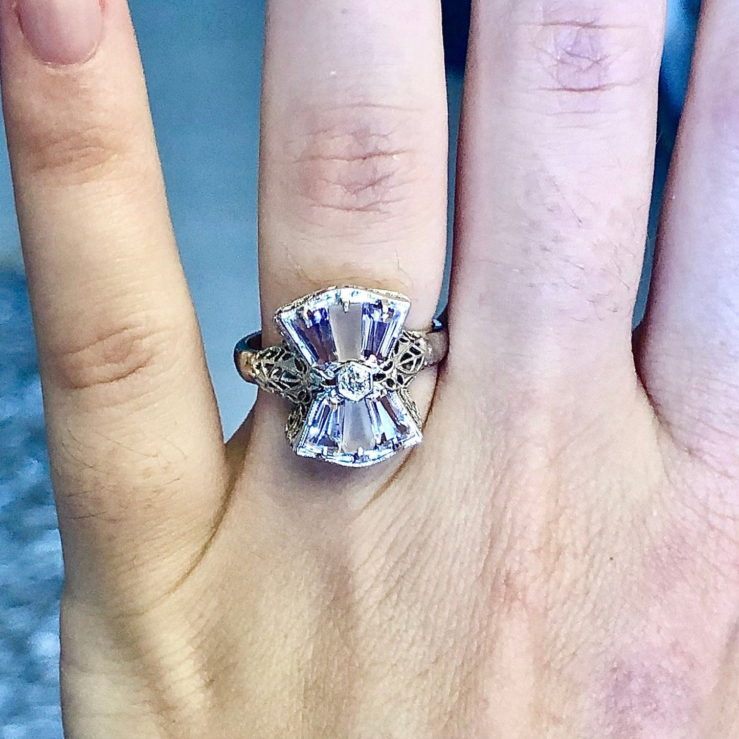 Antique Art Deco 14 Karat White Gold Amethyst, Quartz & Diamond Filigree Ring - WeilJewelry