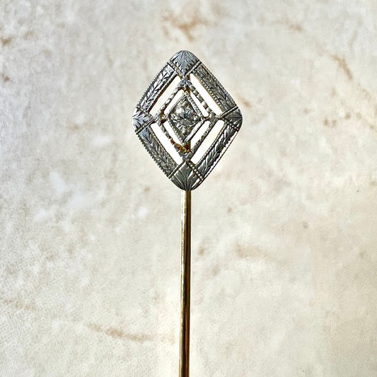 Antique Art Deco 14 Karat Yellow Gold & Platinum Diamond Stick Pin - WeilJewelry
