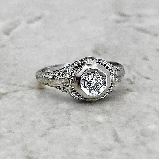 Antique Art Deco 18 Karat White Gold 0.20 Carat Diamond Solitaire Engagement Ring - WeilJewelry