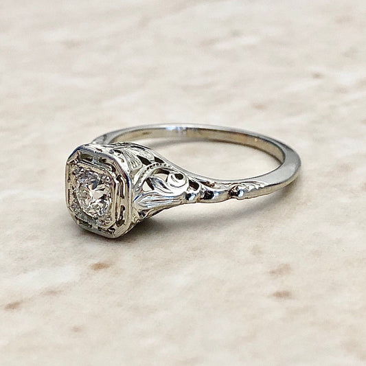 Antique Art Deco 18 Karat White Gold 0.30 Carat Diamond Solitaire Engagement Ring - WeilJewelry