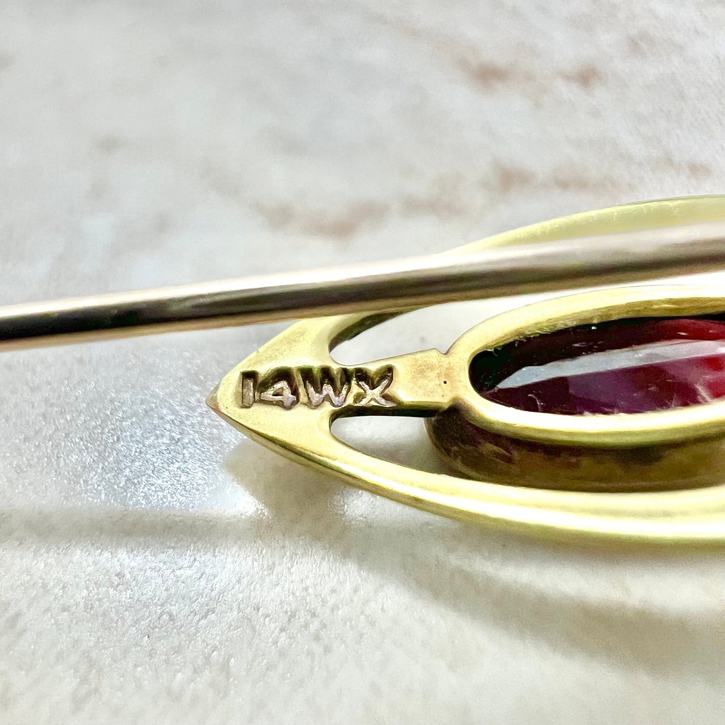 Antique Art Nouveau 14 Karat Yellow Gold Garnet Stick Pin / Hat Pin - WeilJewelry