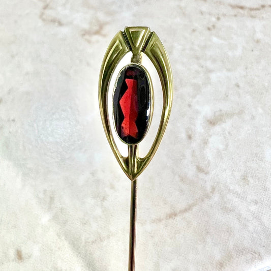 Antique Art Nouveau 14 Karat Yellow Gold Garnet Stick Pin / Hat Pin - WeilJewelry