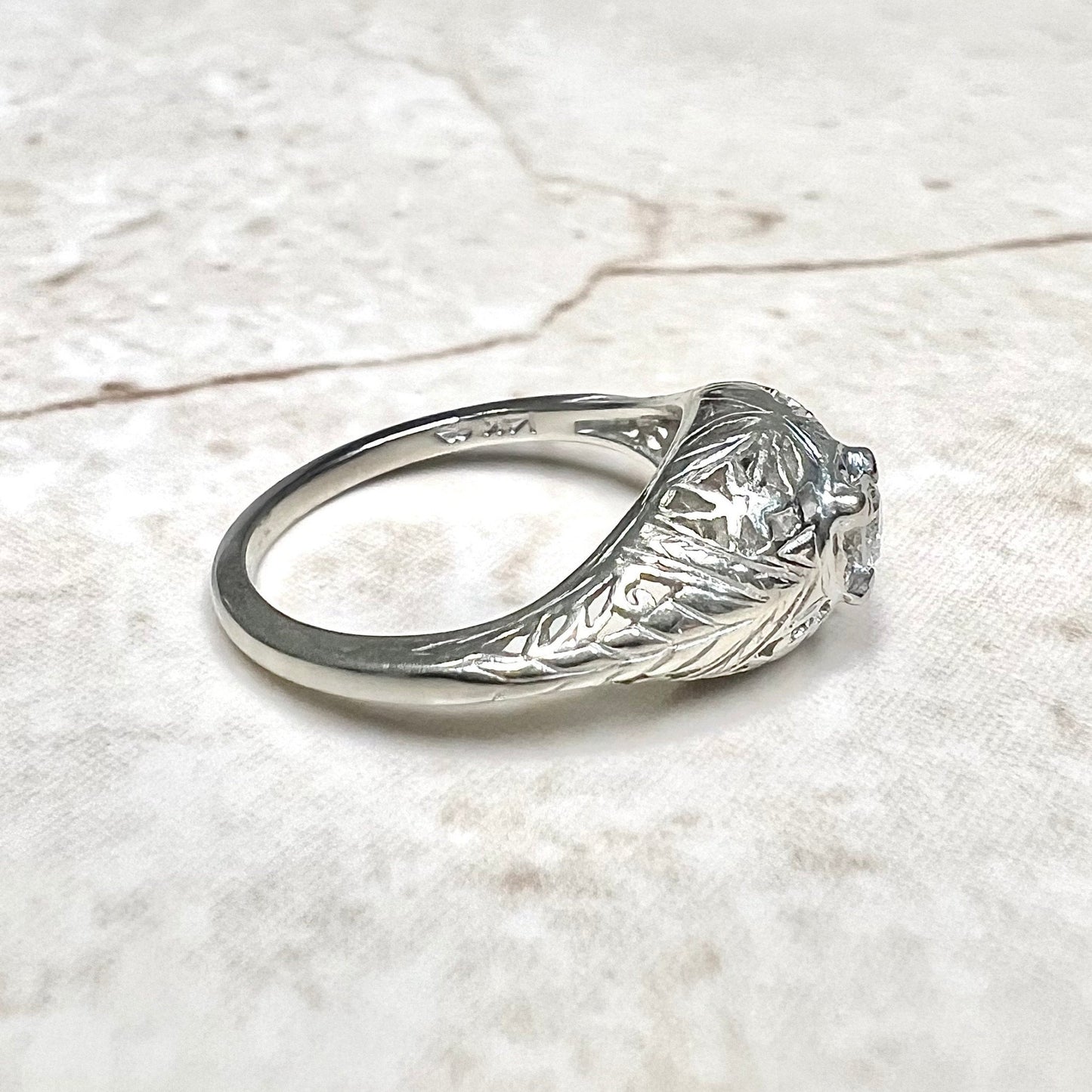 Antique Diamond Engagement Ring - Solid 14K White Gold Diamond Solitaire Ring - Edwardian Ring - 14K Diamond Wedding Ring - Diamond Ring