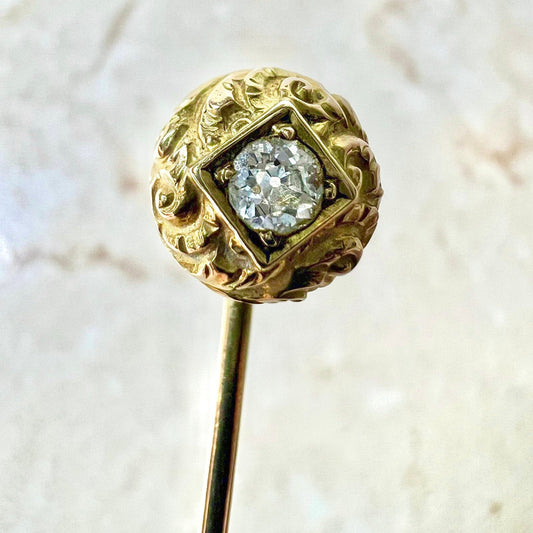 Antique Edwardian 14 Karat Yellow Gold Diamond Solitaire Stick Pin - WeilJewelry