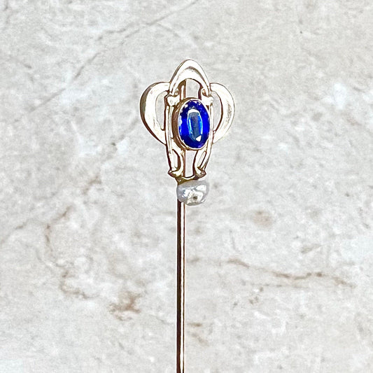 Antique Edwardian 14 Karat Yellow Gold Pearl & Sapphire Stick Pin - WeilJewelry