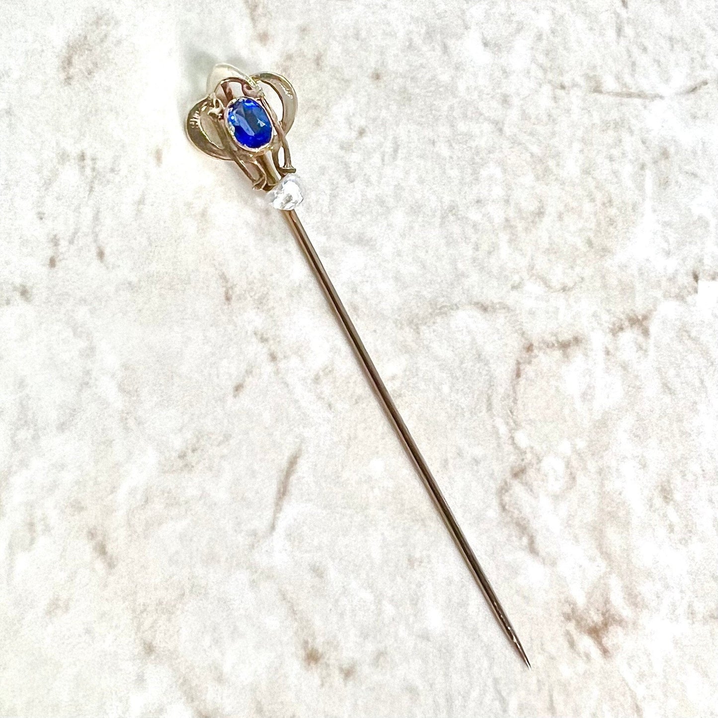Antique Edwardian 14 Karat Yellow Gold Pearl & Sapphire Stick Pin - WeilJewelry