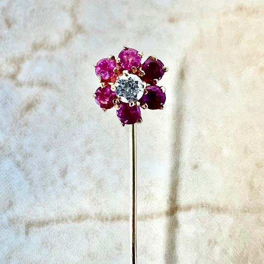Antique Edwardian 14 Karat Yellow Gold Ruby & Diamond Halo Stick Pin - WeilJewelry