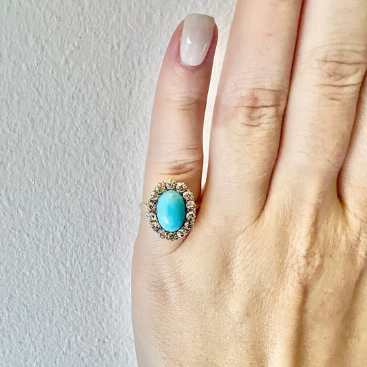 Antique Edwardian 14 Karat Yellow Gold Turquoise & Diamond Halo Ring - WeilJewelry
