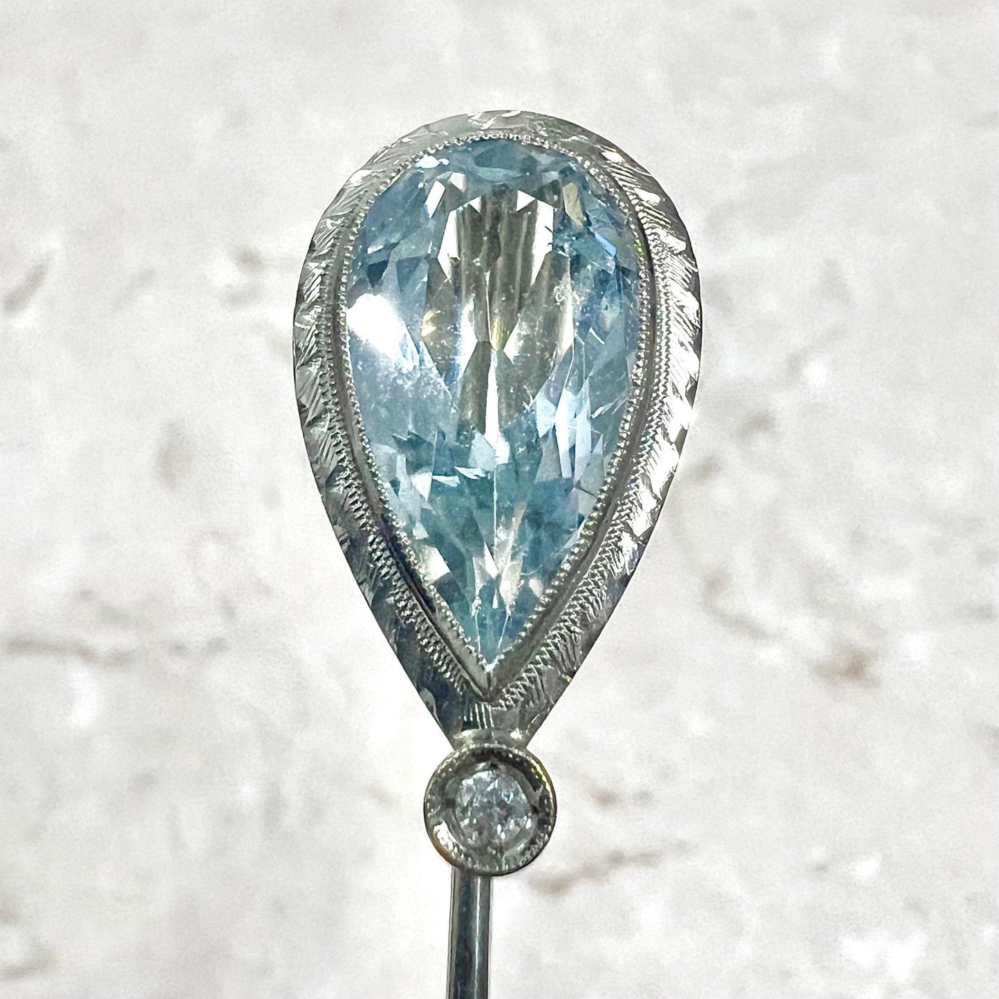 Antique Edwardian 18 Karat White Gold 4.25 Carats Pear Shape Aquamarine Stick Pin - WeilJewelry