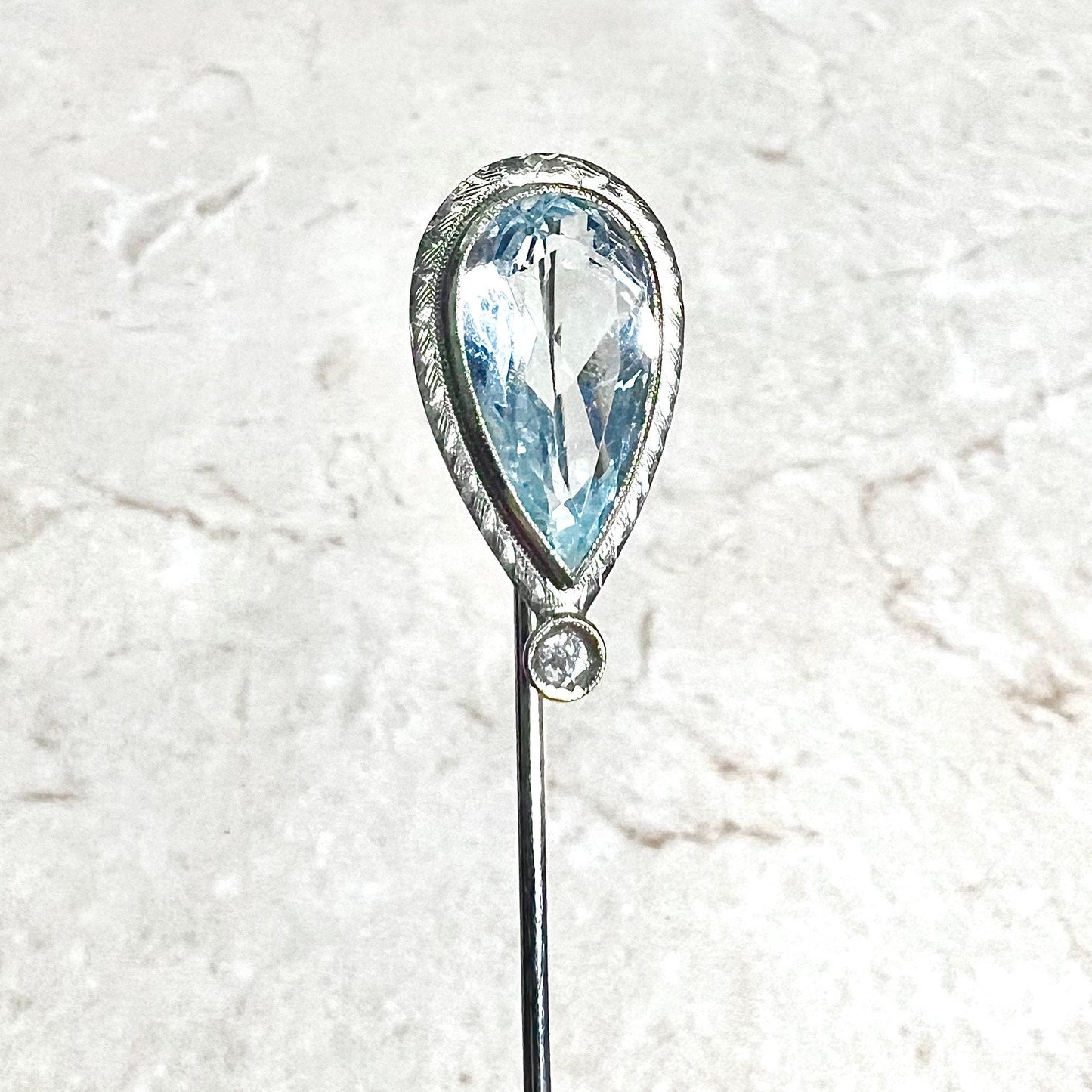 Antique Edwardian 18 Karat White Gold 4.25 Carats Pear Shape Aquamarine Stick Pin - WeilJewelry