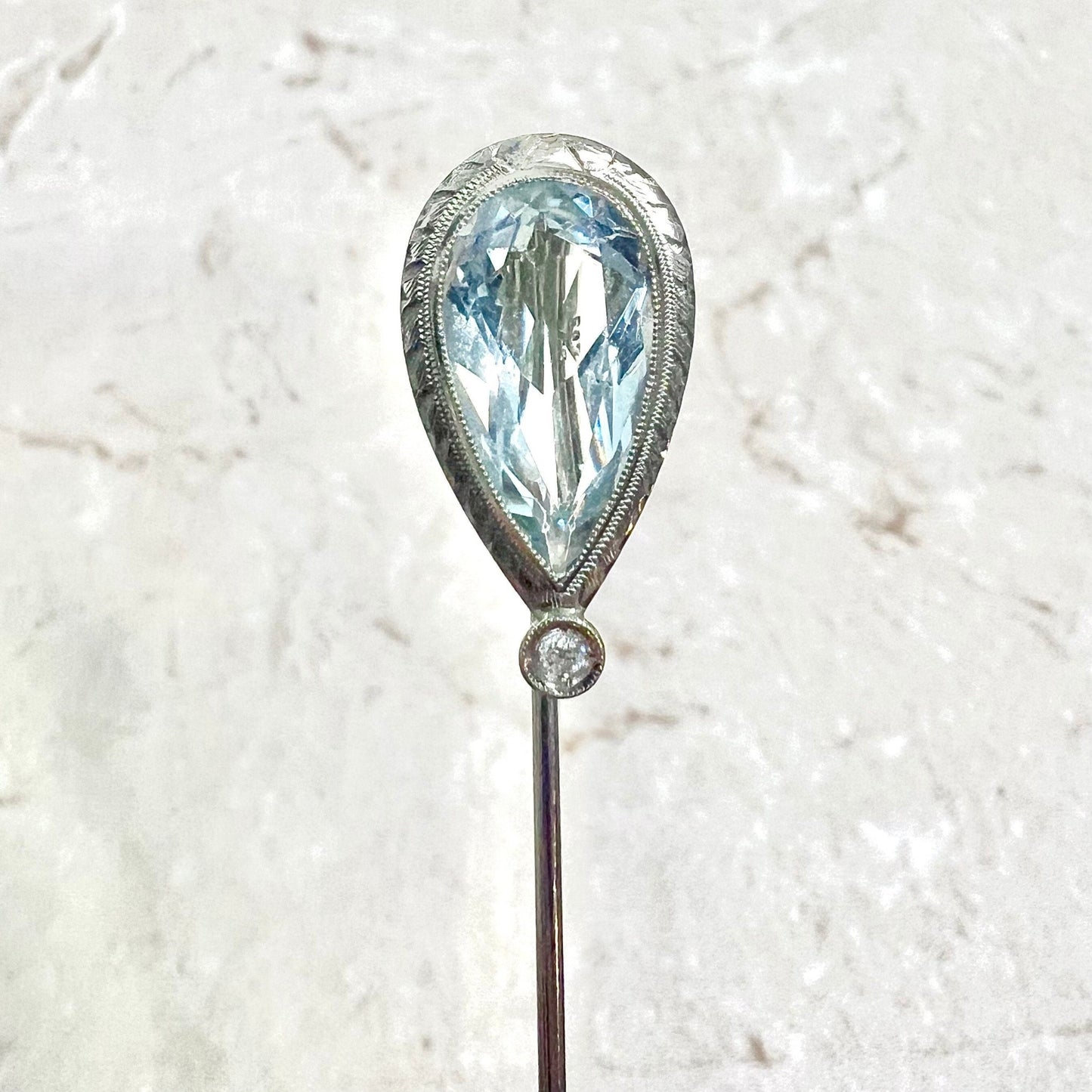 Antique Edwardian 18 Karat White Gold 4.25 Carats Pear Shape Aquamarine Stick Pin - WeilJewelry