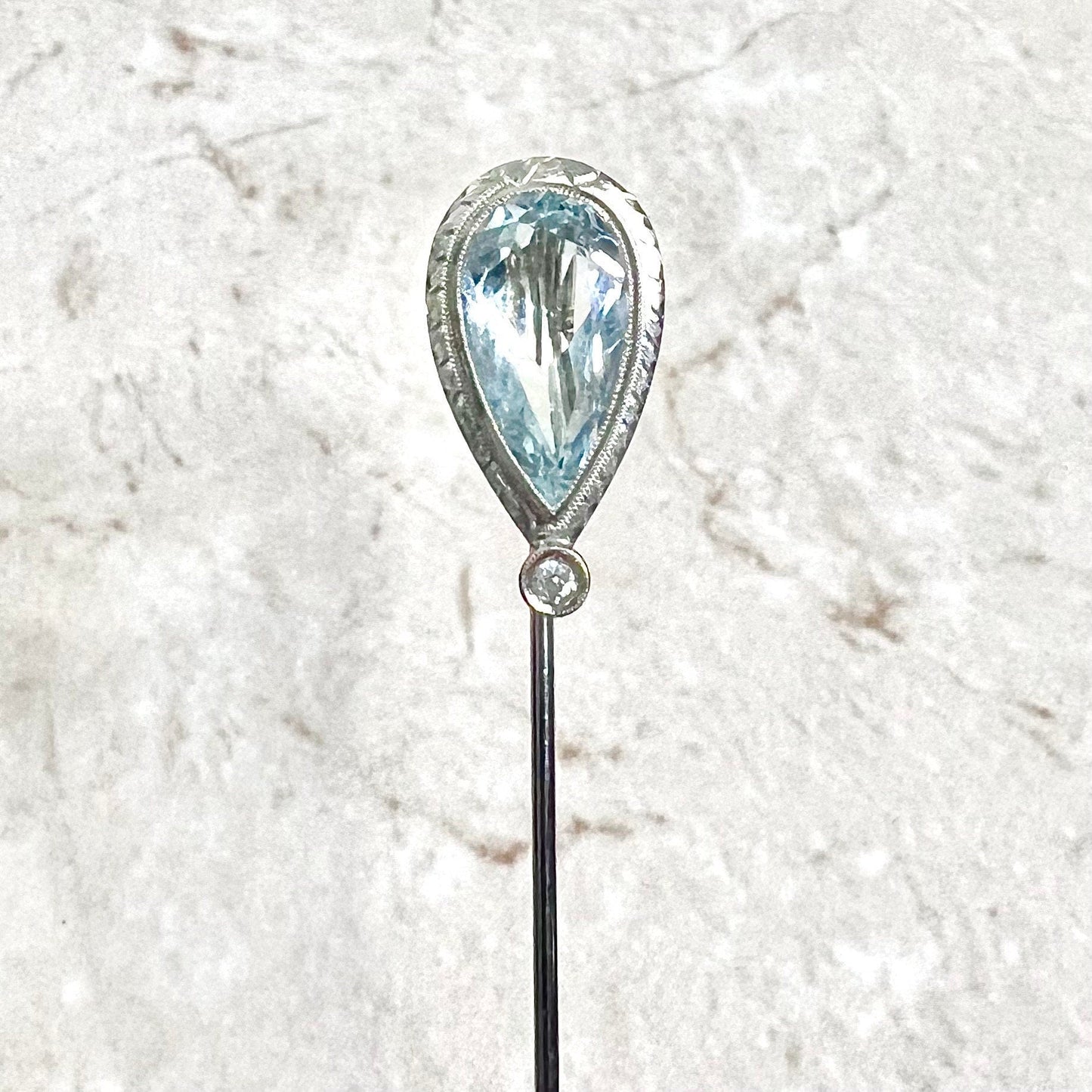 Antique Edwardian 18 Karat White Gold 4.25 Carats Pear Shape Aquamarine Stick Pin - WeilJewelry