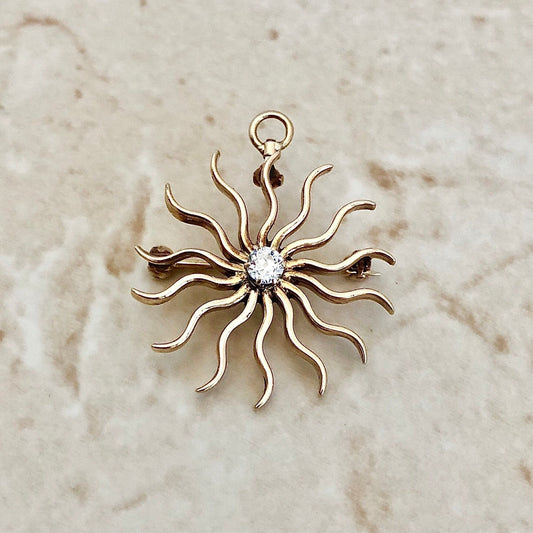 Antique Victorian 10 Karat Yellow Gold Diamond Sunburst Pendant & Brooch - WeilJewelry