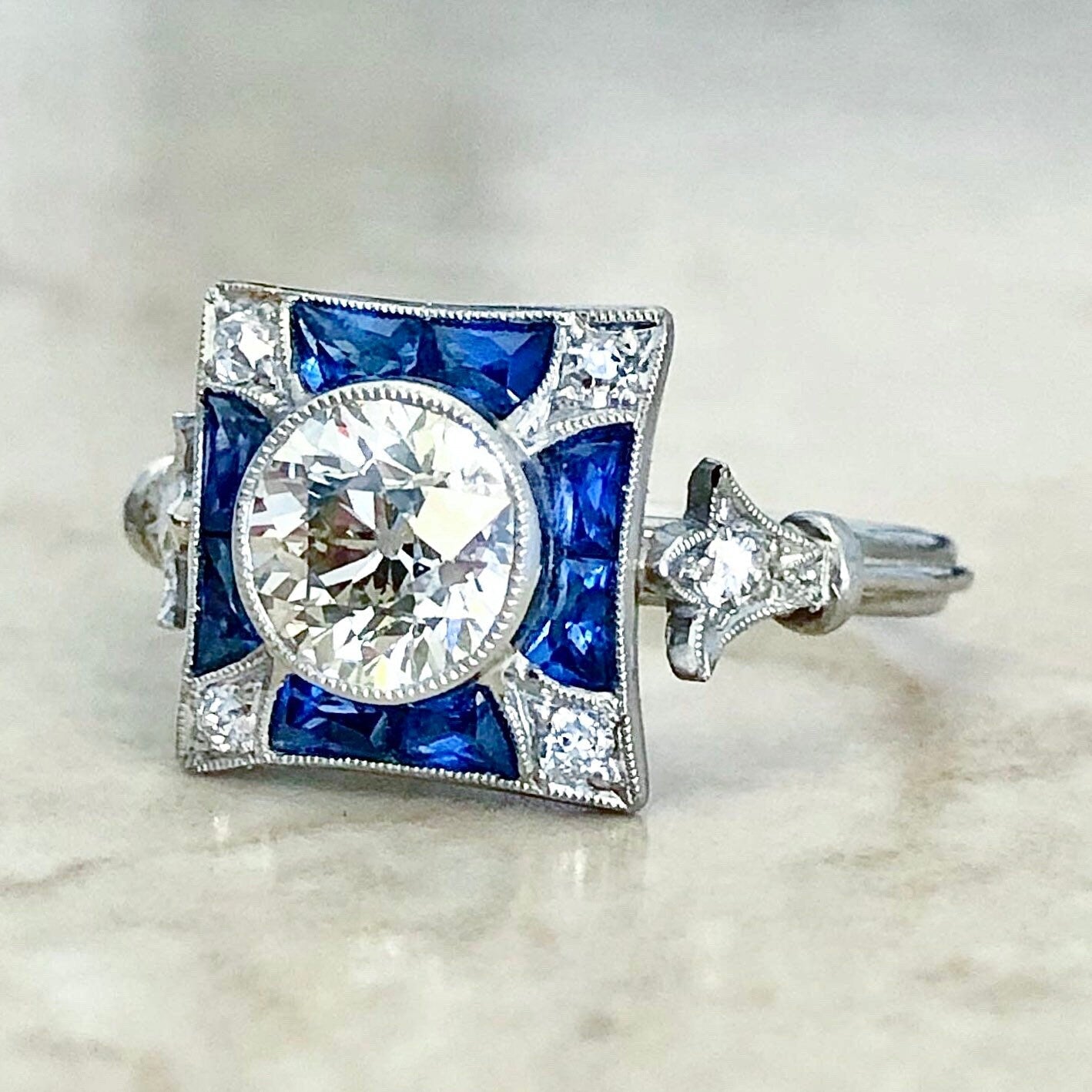 Art Deco Style Handcrafted Platinum 1.02 Carat Old European Diamond & Sapphire Engagement Ring - WeilJewelry