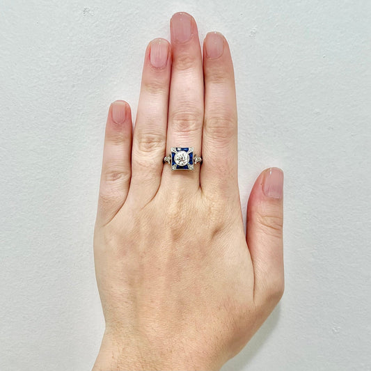 Art Deco Style Handcrafted Platinum 1.02 Carat Old European Diamond & Sapphire Engagement Ring - WeilJewelry