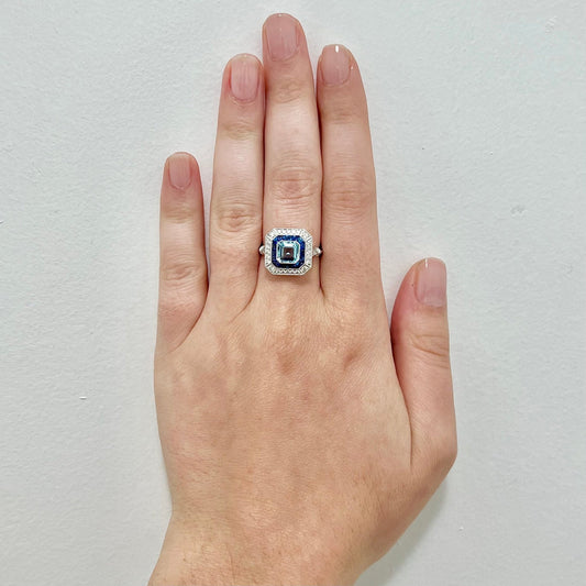 Art Deco Style Handcrafted Platinum 1.05 Carat Aquamarine, Sapphire & Diamond Halo Ring - WeilJewelry