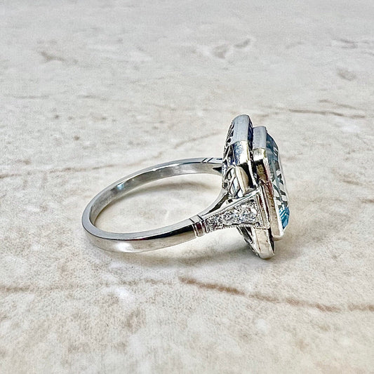 Art Deco Style Handcrafted Platinum 3.23 Carats Aquamarine, Sapphire & Diamond Halo Ring - WeilJewelry