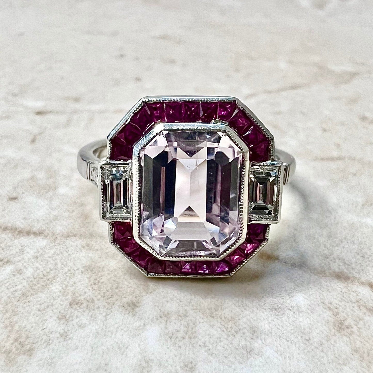 Art Deco Style Handcrafted Platinum 4 Carats Kunzite, Ruby & Diamond Halo Ring - WeilJewelry