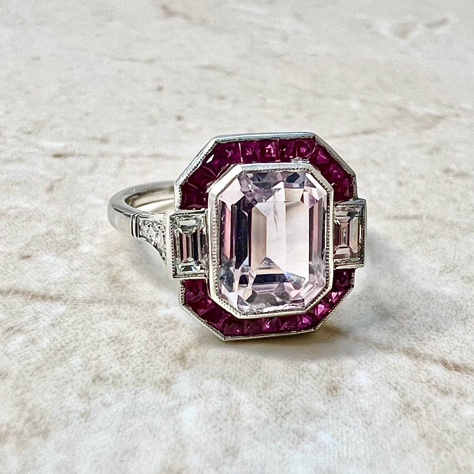 Very Fine Handcrafted Platinum Art Deco Style Kunzite, Ruby & Diamond Halo Ring - Cocktail Ring - Platinum Engagement Ring - Promise Ring