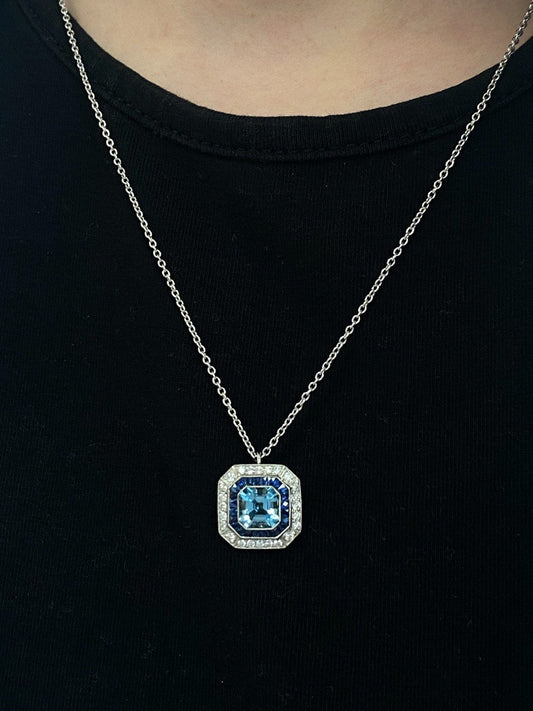 Art Deco Style Handcrafted Platinum Aquamarine, Sapphire & Diamond Halo Pendant Necklace - WeilJewelry