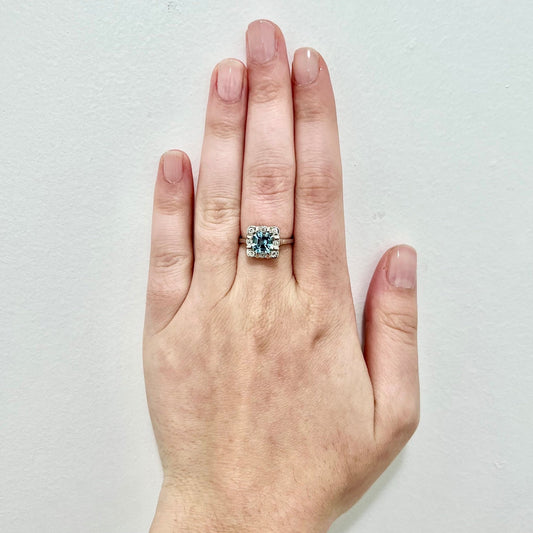 Art Deco Style Platinum Asscher Cut Aquamarine & Diamond Halo Ring - WeilJewelry