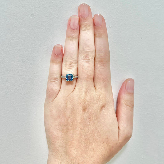 Art Deco Style Platinum Asscher Cut Aquamarine & Diamond Solitaire Ring - WeilJewelry