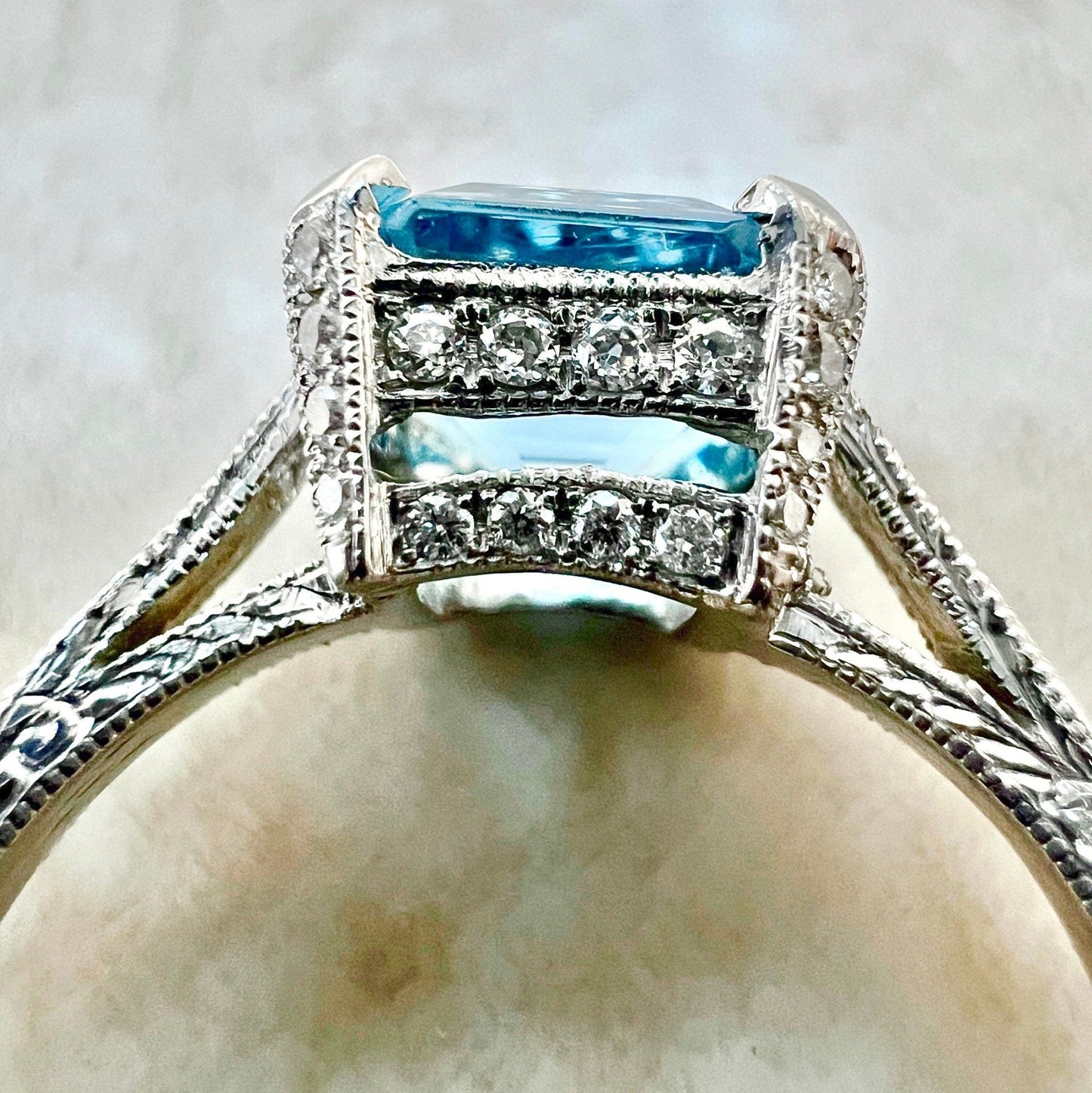 Art Deco Style Platinum Aquamarine & Diamond Solitaire Ring - Vintage Style Aquamarine Ring -Aquamarine Solitaire-Aquamarine Engagement Ring
