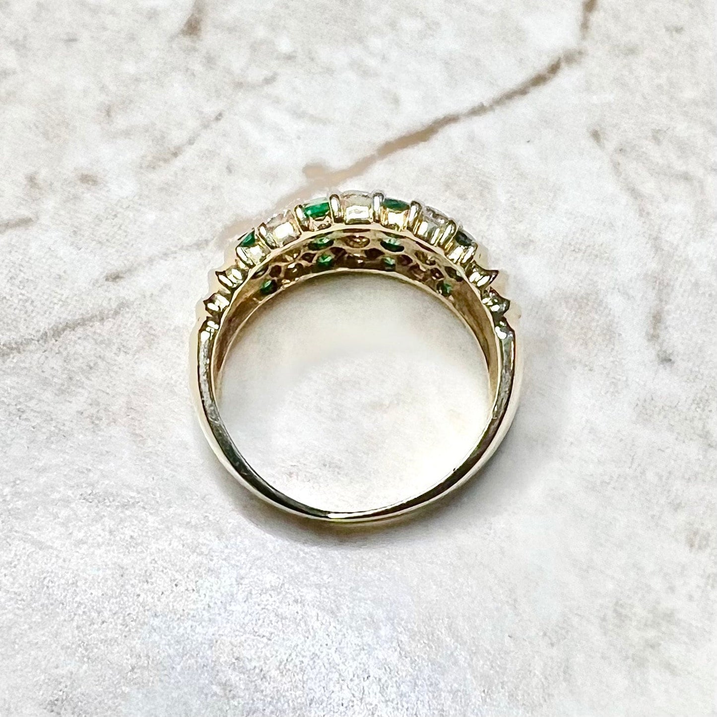 Chunky Vintage 14 Karat Yellow Gold Natural Emerald & Diamond Cocktail Ring - WeilJewelry