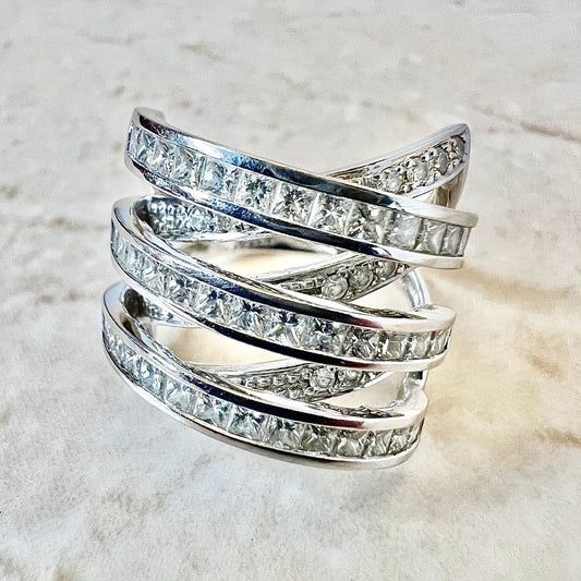 Chunky Vintage 18 Karat White Gold 1.73 Carat Diamond Crossover Ring - WeilJewelry