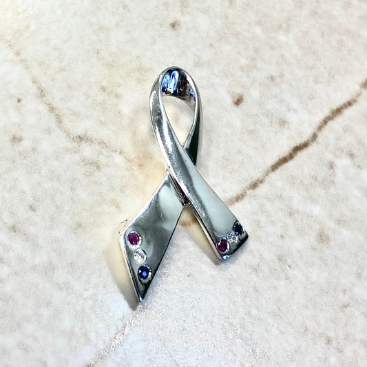 CLEARANCE 40% OFF - 14 Karat White Gold Ruby, Sapphire & Diamond Ribbon Brooch - WeilJewelry