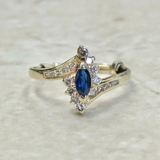 CLEARANCE 40% OFF - Vintage 14 Karat White Gold Marquise Sapphire & Diamond Cocktail Ring - WeilJewelry