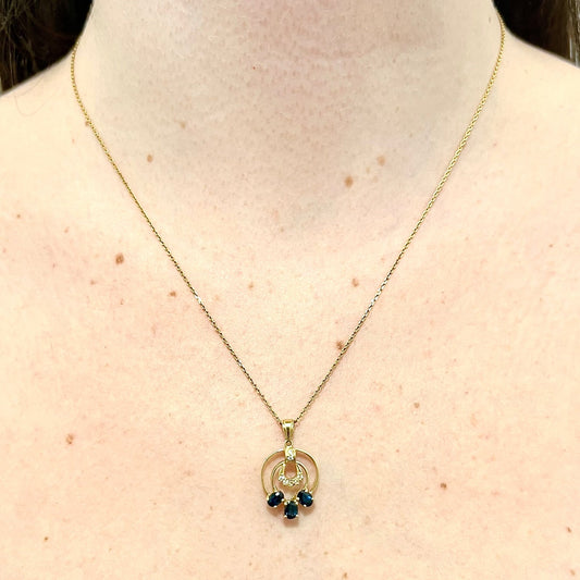 Vintage 14 Karat Yellow Gold 1 Carat Blue Sapphire & Diamond Three - Stone Pendant - WeilJewelry