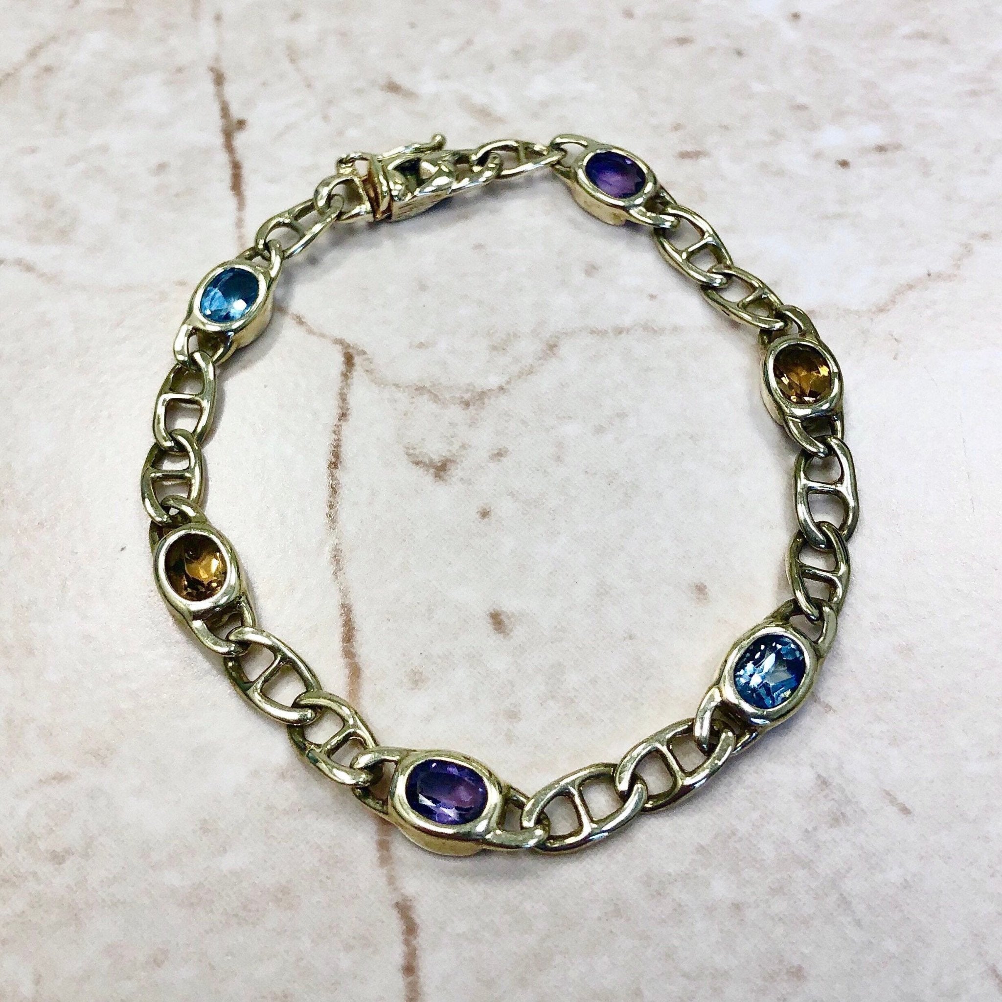 CLEARANCE 40% OFF - Vintage 14 Karat Yellow Gold Citrine, Amethyst & Blue  Topaz Bracelet