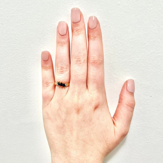 CLEARANCE 40% OFF - Vintage 14 Karat Yellow Gold Marquise Blue Sapphire & Diamond Three - Stone Band Ring - WeilJewelry