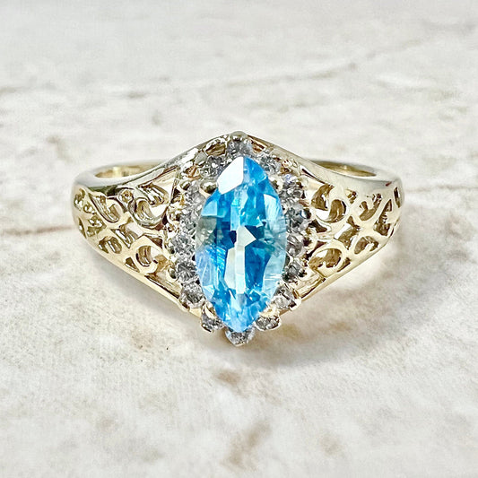 CLEARANCE 40% OFF - Vintage 14 Karat Yellow Gold Marquise Swiss Blue Topaz & Diamond Halo Ring - WeilJewelry